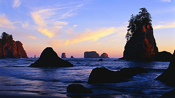 sea stacks at sunrise, sea, stacks, rocks, sunrise, beach HD wallpaper