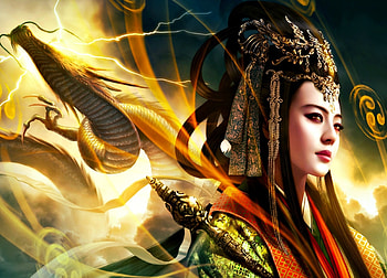 Thunder dragon, golden, mariowibisono, asian, girl, fantasy, yellow, red, queen HD wallpaper