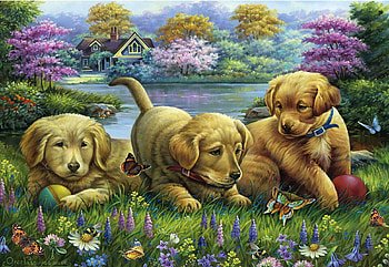 Puppies In The Sunny Meadow, trees, dogs, flowers, pond, painting HD wallpaper