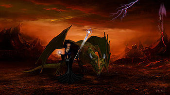 Spell Caster 2, greendragon, magicstaff, castle, witch, , lightning, fantasy, redplanet, volcano, dragon, meteor HD wallpaper