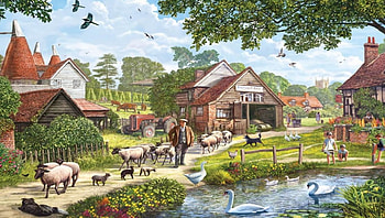 Down on the Farm, barn, horses, farmer, swan, pig, pond HD wallpaper