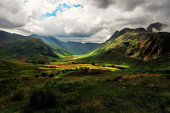 Stormy Valley, sunshine, landscape, clouds, fields, sky HD wallpaper