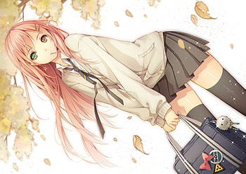 Anime Girl, School Bag, Green Eye, Sparkles, Falling Leaves, Pink Hair, Gold Eye, Anime, Star Earring, Seifuku, School Uniform, Big Eyes HD wallpaper