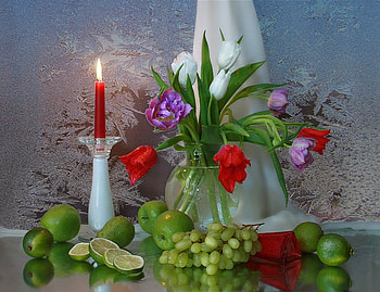 still life, winter, graphy, peonies, grapes, tulips, burning candles, lemon, glass, fruit, candles, flower bouquet, nice harmony, frost, vase, beautiful, grusha, candle, cool, apple, nature, flowers, ice HD wallpaper