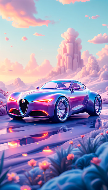 Alfa Romeo Dreamscape: Stunning , sports car, vibrant colors, fantasy landscape HD phone wallpaper
