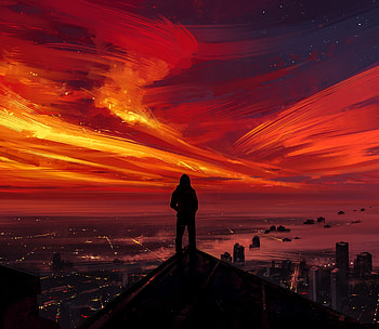 Man, sunset, skyline, silhouette, art HD wallpaper