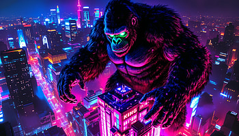 Majestic King Kong: A Vibrant Ultra Experience, King Kong, gorilla, cityscape, neon lights, fantasy HD wallpaper
