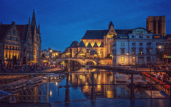 Ghent, , Lys, river, evening, sunset, Ghent cityscape, buildings, Belgium HD wallpaper