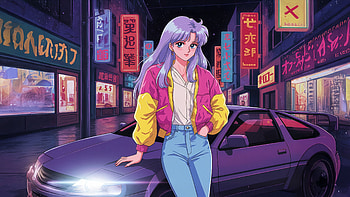 Anime Girl With Purple Hair By Car In Neon City, anime, girl, purple, hair, car, neon, city, artist, artwork, art, digital-art, ai, deviantart HD wallpaper