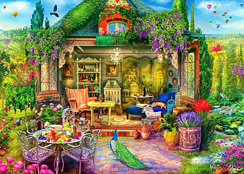 Wine Country Escape, table, chairs, bottles, gazebo, vinyard, peacock, flowers, armchair HD wallpaper