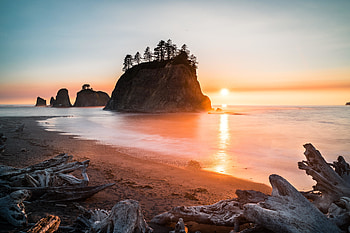 Coast, reflections, sunrise, cliff HD wallpaper