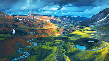 The raw nature of the Icelandic Highlands, ponds, river, hills, clouds, landscape, sky, rocks HD wallpaper