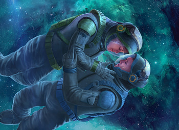 Cosmic love, blue, frumusete, man, alkion book cover, girl, lovers, cosmonaut, astronaut, pink, fantasy, love, couple, space, luminos, alkion HD wallpaper