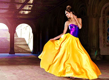 YELLOW-PURPLE SATEN DRESS.., purple, yellow, beautiful, saten, gown, dress, woman, silk HD wallpaper