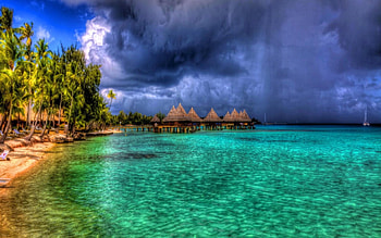 rain shower moving over a bay in bora bora r, rain, bay, clouds, r, houses, beach HD wallpaper