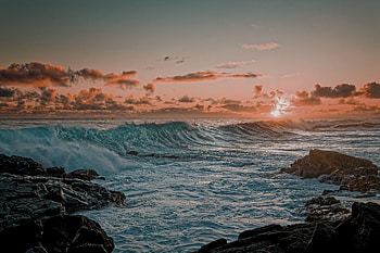 Nature, Sunset, Sea, Waves, Rocks, Coast HD wallpaper