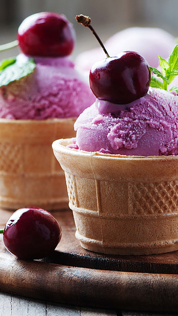 Delicious strawberry ice cream, Sweet cherries, Irresistible dessert, Creamy frozen treat HD phone wallpaper