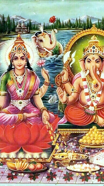 Lakshmi Ganesh, River Background, Painting HD phone wallpaper