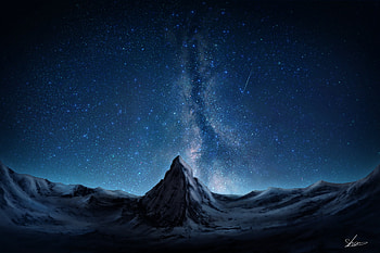 Mountain and starry galaxy, art HD wallpaper