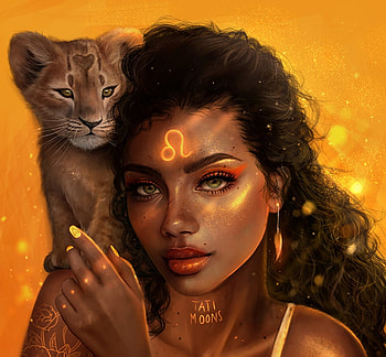Zodiac ~ Leo, frumusete, cub, art, cute, girl, leo, lion, orange, hand, fantasy, zodiac, tati moons, yellow, face, luminos HD wallpaper