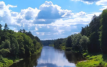 River Gauja in Latvia, trees, clouds, river, Latvia HD wallpaper