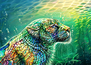 Mother of Pearl, blue, animal, maquenda, tiger, art, pink, fantasy, rainbow, yellow, underwater, luminos HD wallpaper