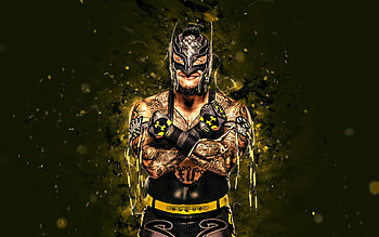 Rey Mysterio, , welsh wrestler, WWE, yellow neon lights, Oscar Gutierrez Rubio, wrestling, creative, wrestlers, Rey Mysterio HD wallpaper