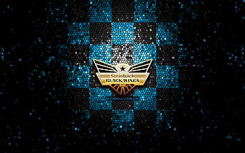 Black Wings Linz, glitter logo, ICE Hockey League, blue black checkered background, hockey, austrian hockey team, Black Wings Linz logo, mosaic art HD wallpaper