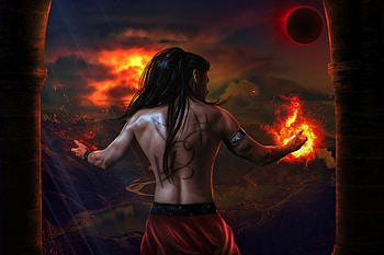 Volcano, fantasy, man, luminos, fire, ekaterinaabr, dark HD wallpaper