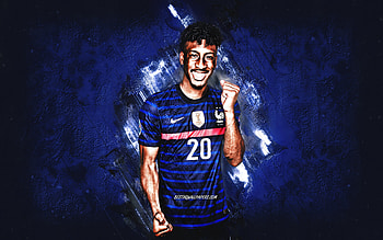 Kingsley Coman, France national football team, French footballer, portrait, France, soccer, blue stone background HD wallpaper