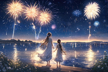 Sisters Watching Fireworks From The Shore, fireworks, artist, artwork, digital-art, deviantart HD wallpaper