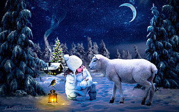 Are You Lost?, winter, Little girl, cold, wonderment, holiday, snow, sheep, Lamb, trees, lantern, evening HD wallpaper