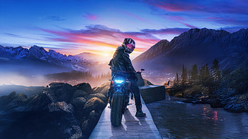 Neon Rider Journey Beyond The Sunset, neon, biker, helmet, bike, mountains, mountain, sky, sunset, artist, artwork, digital-art HD wallpaper