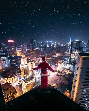 Holidays, Santa Claus, View From Above, Night City, Loneliness, Roof HD phone wallpaper