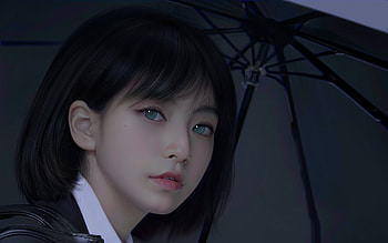 Grey, huy ozuno, umbrella, fantasy, asian, face, girl HD wallpaper