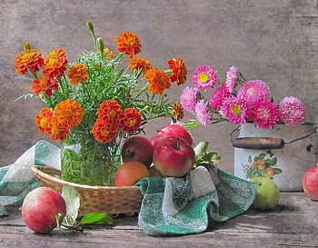 Flowers on the table, table with fruit, colorful delights, nature, flowers, home HD wallpaper