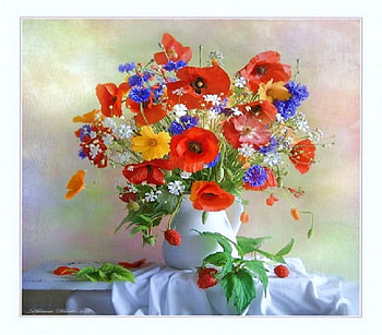Cheery and bright - still life, purple, white, yellow, green, red, colors, table cloth, flowers HD wallpaper