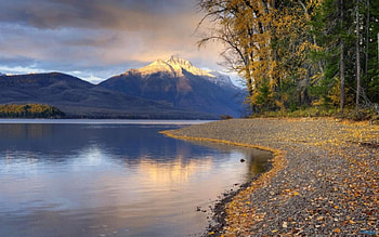 Autumn River, river, shore, trees, autumn, sky, evening, mountain HD wallpaper