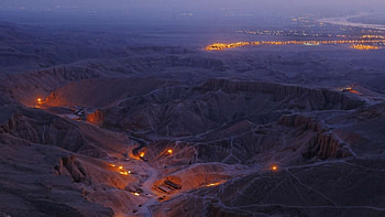 archaeological dig in egyptian desert near the nile, night, archiology, river, lights, desert HD wallpaper