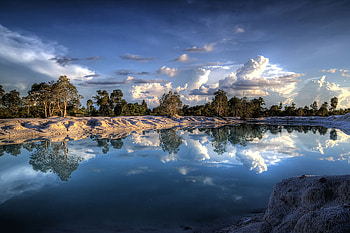 Sapphire Beauty, clouds, trees, beautiful blue, sky, rocks, lake, beach HD wallpaper