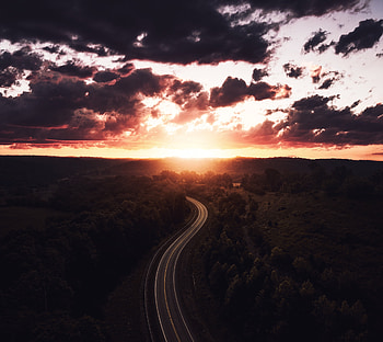 Beautiful Road Path Sun Setting Drone View , drone-view, road, nature, trees, sunset HD wallpaper