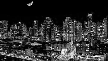 Black And White Vancouver City , city, buildings, moon, graphy, monochrome, black-and-white HD wallpaper