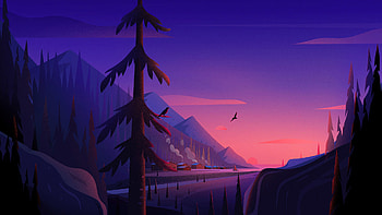 Artistic Landscape Mountains Trees Sunset Purple Sky Background Minimalist Minimalism HD wallpaper