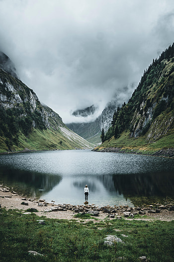 Nature, Mountains, Lake, Miscellanea, Miscellaneous, Girl, Loneliness HD phone wallpaper