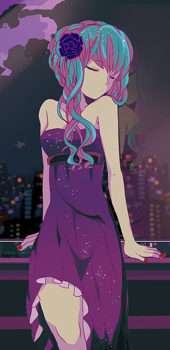 purple dress, dress, purple hair, blue hair, Hatsune Miku, Anime, Vocaloid HD phone wallpaper