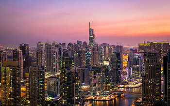 Almas Tower, Diamond Tower, Dubai, evening, sunset, skyscrapers, Jumeirah Lakes Towers, Dubai panorama, Dubai cityscape, United Arab Emirates HD wallpaper