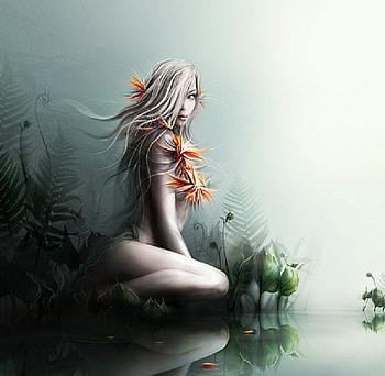 Nymph, girl, ferns, water HD wallpaper