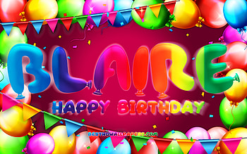 Happy Birtay Blaire, , colorful balloon frame, Blaire name, purple background, Blaire Happy Birtay, Blaire Birtay, popular american female names, Birtay concept, Blaire HD wallpaper