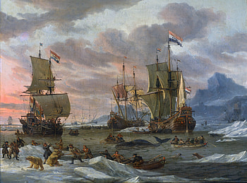 Dutch Whalers, sailors, polar bear, boats, clouds, sails, whalers, ice HD wallpaper