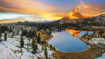 Yosemite National Park, Sierra Nevada, California, landscape, clouds, colors, sky, sunrise, lake, usa, winter, snow, trees HD wallpaper
